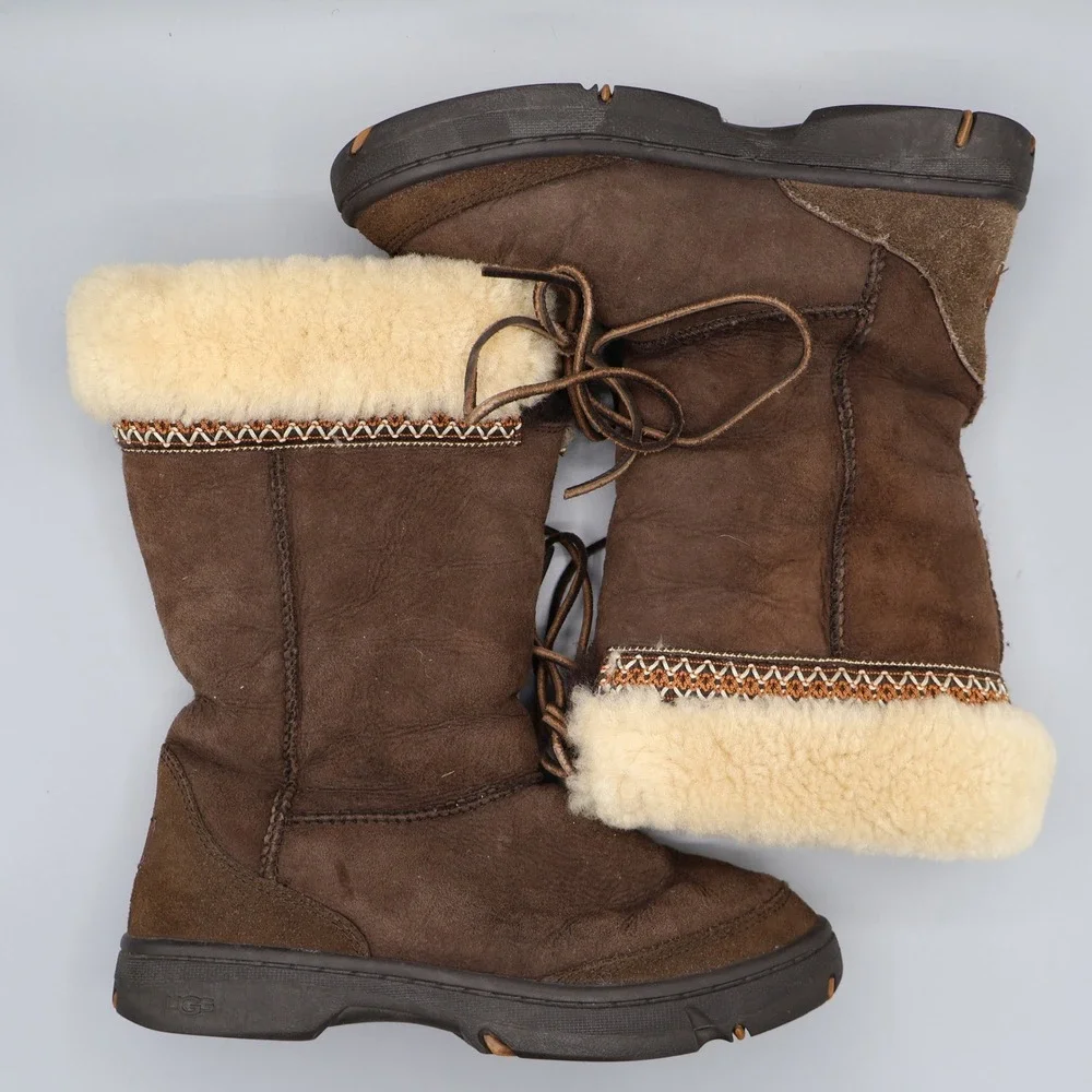 UGGUltimate Cuff Sheepskin Lined Boots Women 8 Brown‎ Lace Up Warm Boho Bohemian